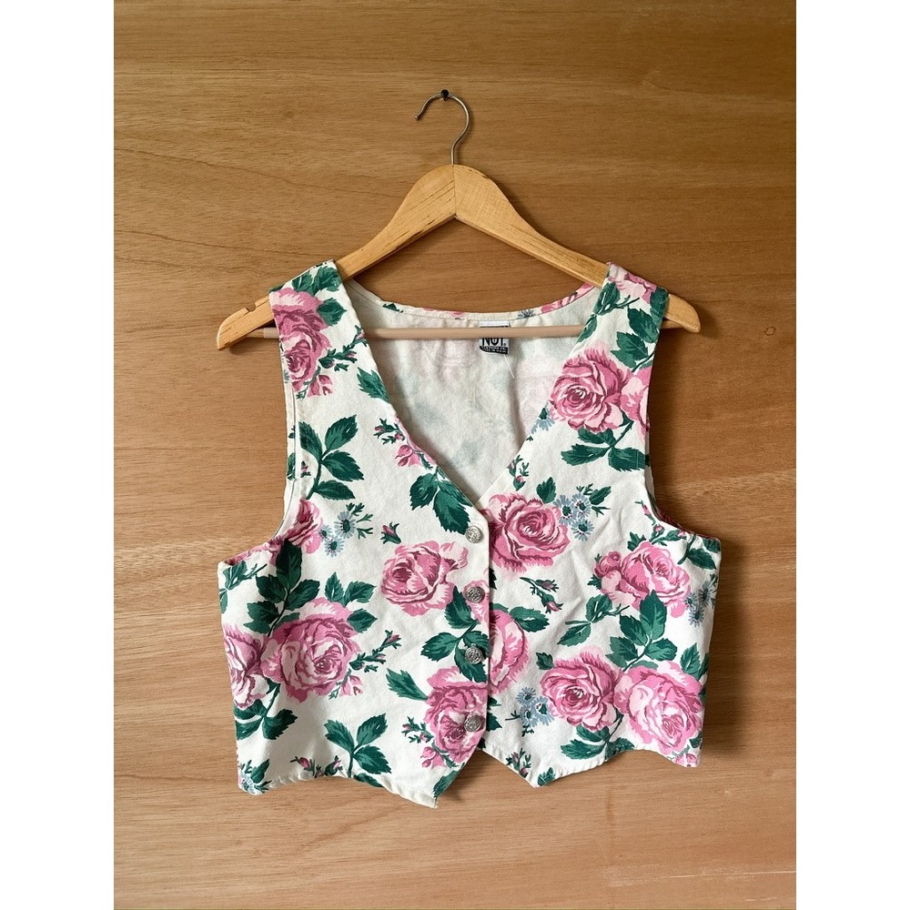 Vintage Why Not Floral Vest Top Womens Pink Green White Rose Print Sleeveless
